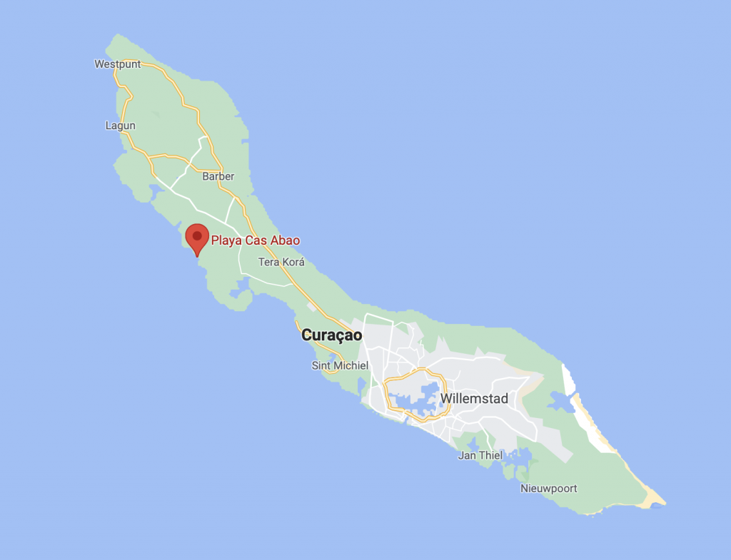 Een afbeelding van Curacao waarop te zien is wat de ligging van Cas Abao strand is